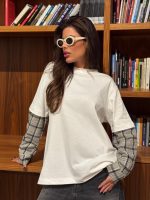 ⁦חולצה שילוב משבצות⁩ – תמונה ⁦2⁩