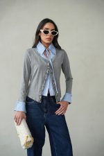 ⁦מכופתרת פסים שילוב סריג⁩ – תמונה ⁦3⁩